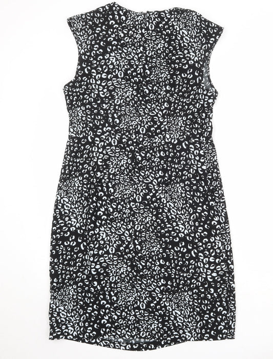 NEXT Womens Black Animal Print Polyester Sheath Size 14 Round Neck Zip - Leopard Print