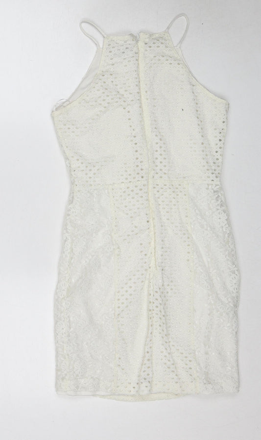 Topshop Womens White Geometric Polyamide Slip Dress Size 8 Square Neck Zip