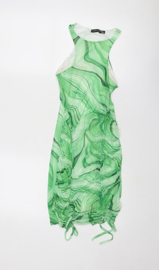 Additional front view of I SAW IT FIRST women’s green geometric polyester bodycon, size UK 4, round neck pullover
