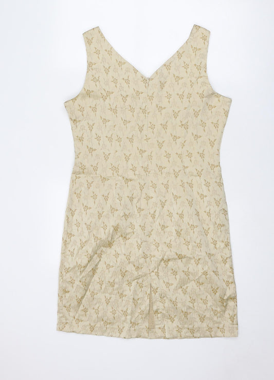 BHS Womens Beige Floral Polyester A-Line Size 16 V-Neck Zip