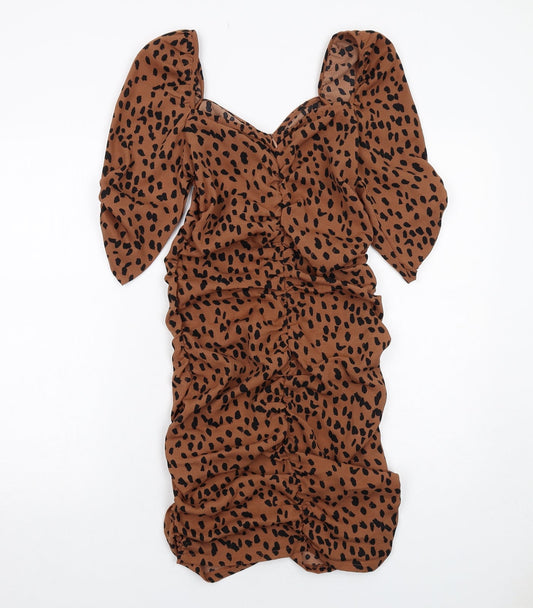 I SAW IT FIRST Womens Brown Geometric Polyester Bodycon Size 10 V-Neck Zip