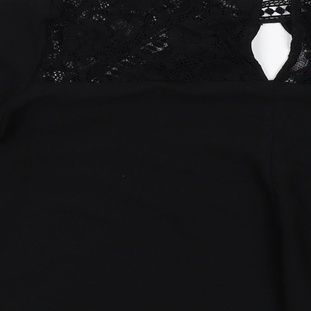 Miss Selfridge Womens Black Polyester Basic Blouse Size 10 V-Neck - Flute Sleeve Lace Detail