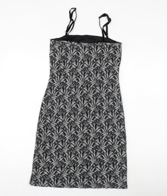 New Look Womens Black Geometric Nylon Slip Dress Size 12 Square Neck