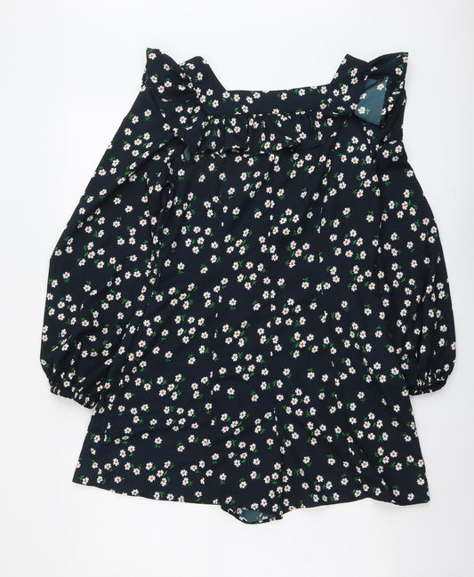 Topshop Womens Blue Floral Polyester Playsuit One-Piece Size 10 Button - Ruffle