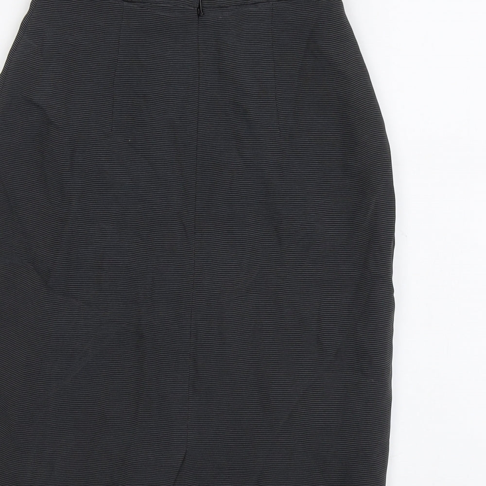 Brand and care label for Kaliko women’s black striped viscose a-line skirt, size UK 8, zip