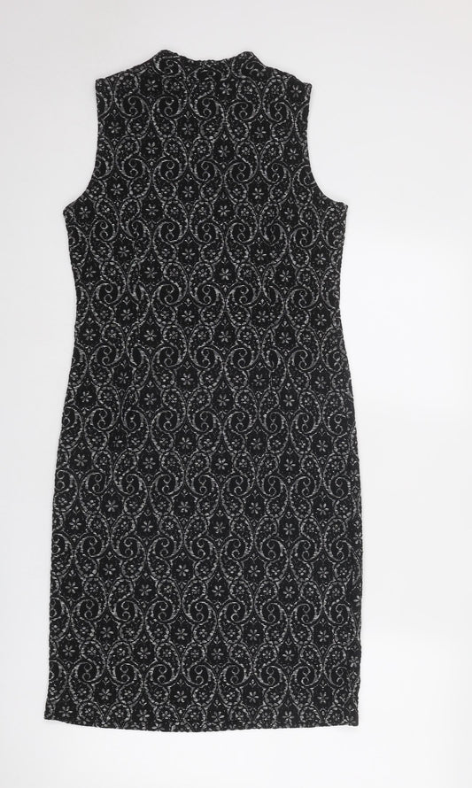 NEXT Womens Black Geometric Polyester A-Line Size 10 Round Neck Pullover