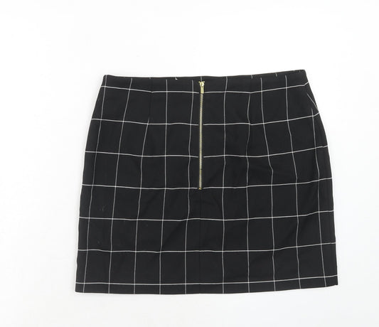 H&M Womens Black Check Polyester A-Line Skirt Size 14 Zip