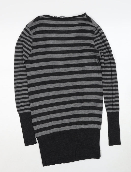 James Lakeland Womens Grey V-Neck Striped Wool Cardigan Jumper Size 10