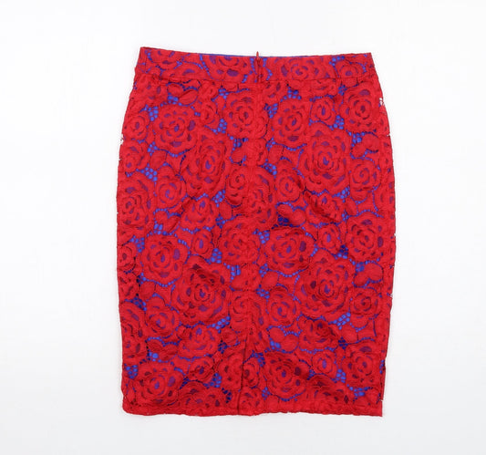 Marks and Spencer Womens Red Floral Polyamide A-Line Skirt Size 8 Zip