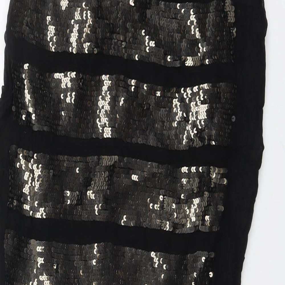 Brand and care label for ASOS women’s black geometric viscose straight & pencil skirt, size UK 8, zip