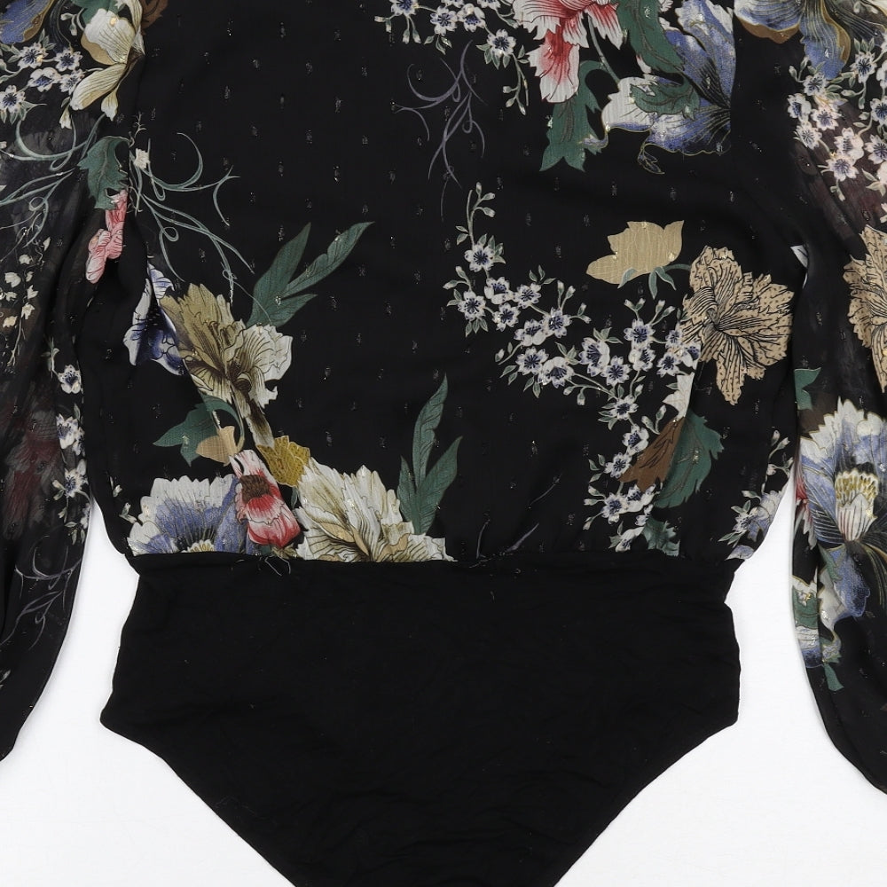 New Look Womens Black Floral Polyester Bodysuit One-Piece Size 8 Snap - Wrap Front