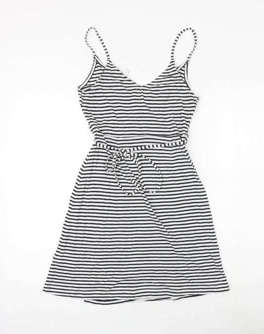H&M Womens White Striped Cotton Tank Dress Size XS V-Neck Tie