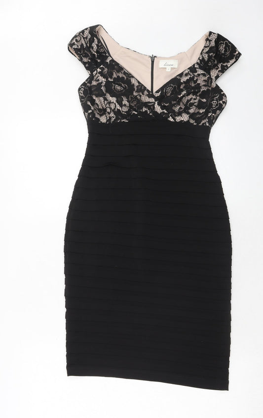 Additional front view of Linea women’s black floral polyester bodycon, size UK 8, v-neck zip