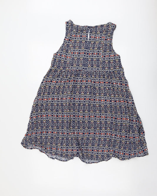 H&M Womens Blue Geometric Viscose Tank Dress Size 10 Round Neck Button