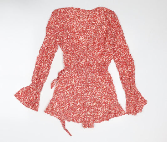 H&M Womens Red Floral Viscose Playsuit One-Piece Size 6 Tie - Wrap Style