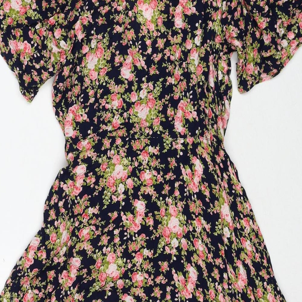 Angie Womens Multicoloured Floral Viscose A-Line Size M V-Neck Button