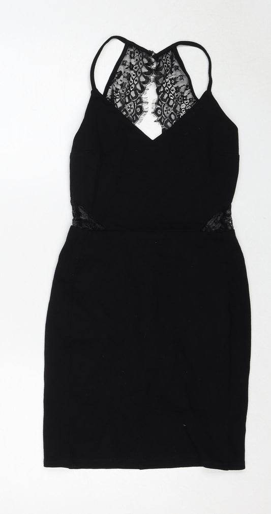 Additional front view of Miss Selfridge women’s black viscose shift, size UK 8, v-neck zip - lace details