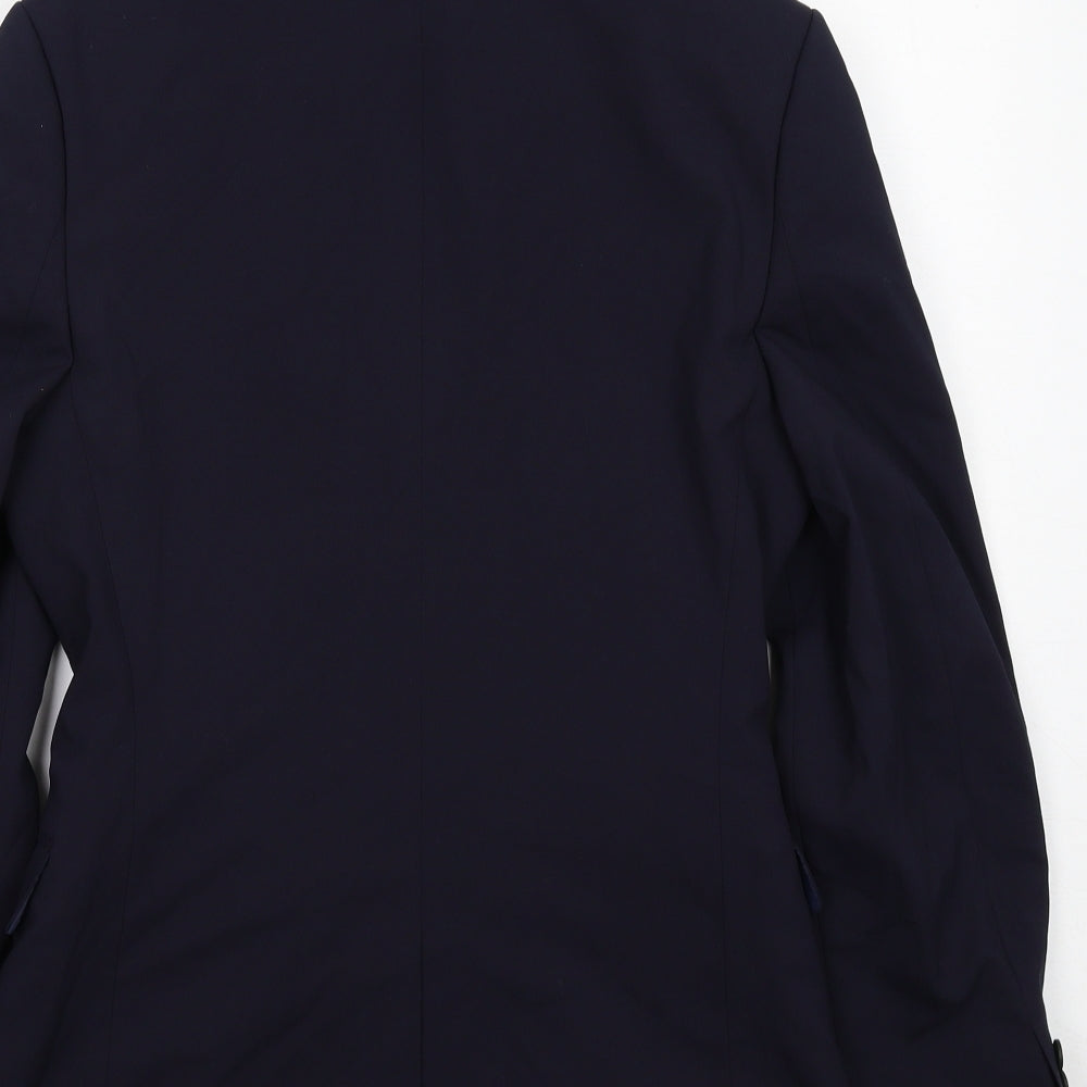 Brand and care label for ASOS men’s blue polyester jacket suit jacket, size 36, regular