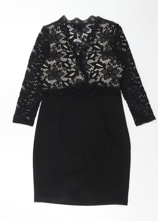 PARISIAN SIGNATURE Womens Black Polyester Pencil Dress Size 12 V-Neck Zip - Crocheted Lace Top