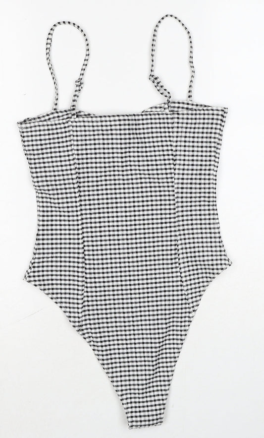 H&M Womens Black Check Polyester Bodysuit One-Piece Size S Snap