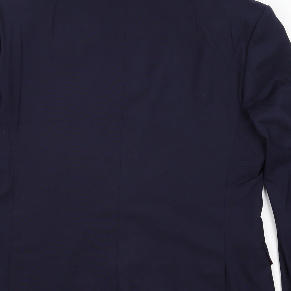 Brand and care label for ASOS men’s blue polyester jacket suit jacket, size 40, regular