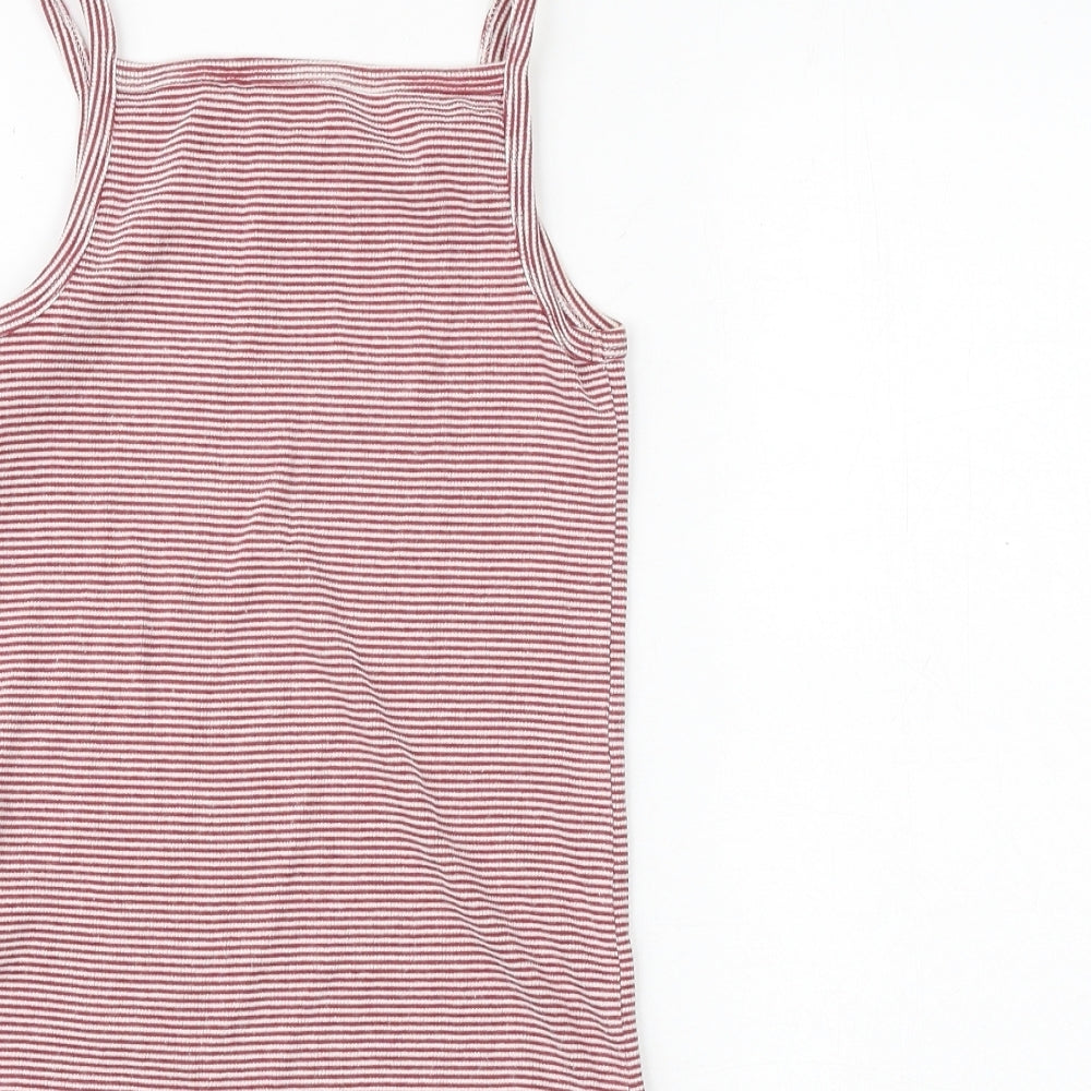 Brand and care label for Next girls’ red striped cotton basic tank, size 9, years round neck pullover