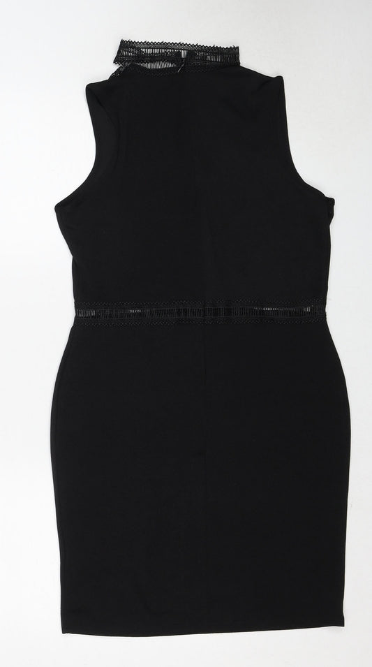 Missguided Womens Black Polyester Shift Size 12 V-Neck Zip - Lace Neckline Detail