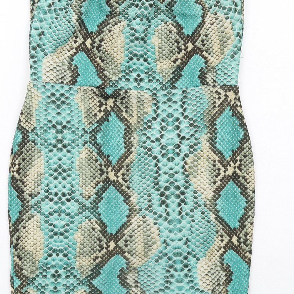 PRETTYLITTLETHING Womens Green Animal Print Polyester Mini Size 10 Square Neck Pullover - Snake Print Strapless