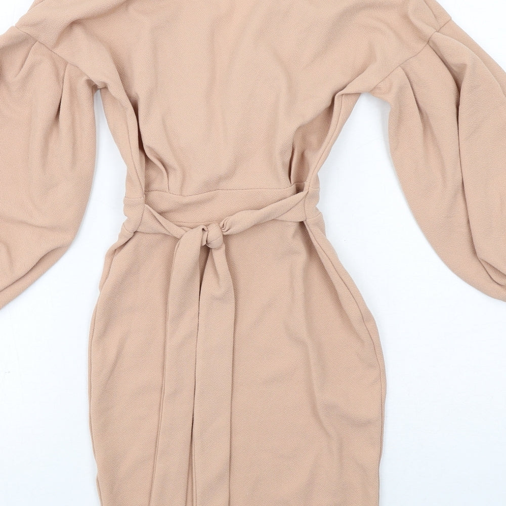 Misspap Womens Beige Polyester Pencil Dress Size 6 V-Neck Pullover - Voluminous Sleeves