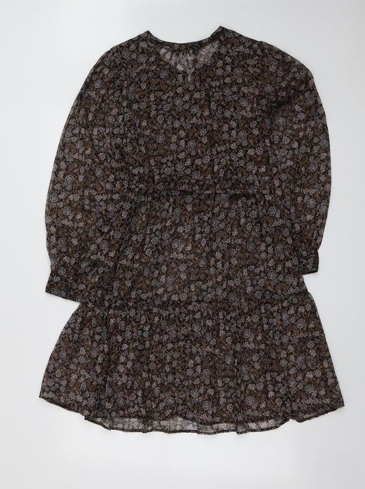 Marks and Spencer Womens Brown Geometric Polyester Shift Size 12 Round Neck Button