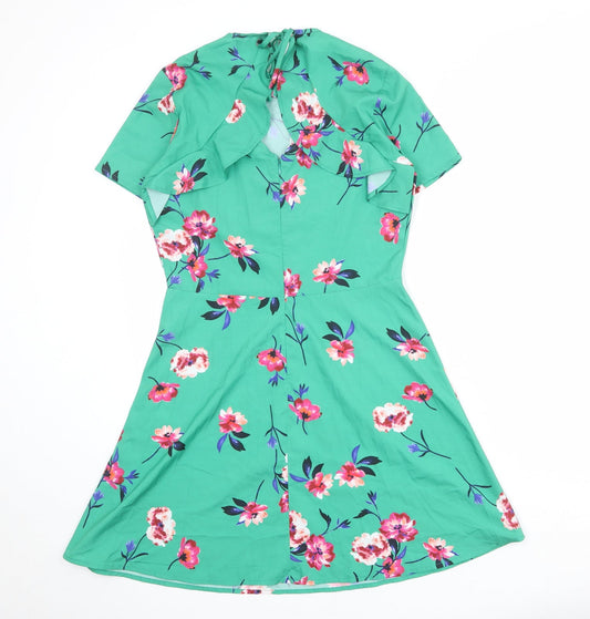 PRETTYLITTLETHING Womens Green Floral Polyester A-Line Size 10 Round Neck Zip