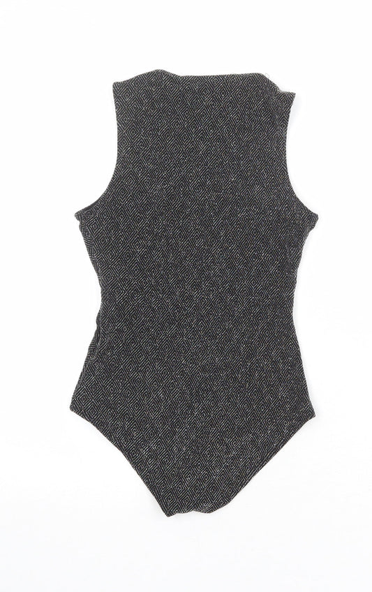 Topshop Womens Black Geometric Nylon Bodysuit One-Piece Size 6 Snap - Plunge Neckline