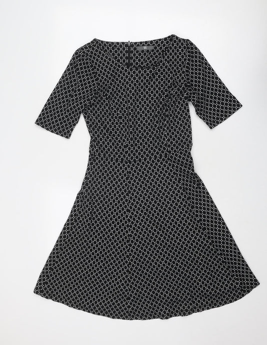 BHS Womens Black Geometric Viscose Fit & Flare Size 10 Round Neck Zip
