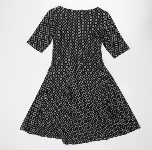 BHS Womens Black Geometric Viscose Fit & Flare Size 10 Round Neck Zip