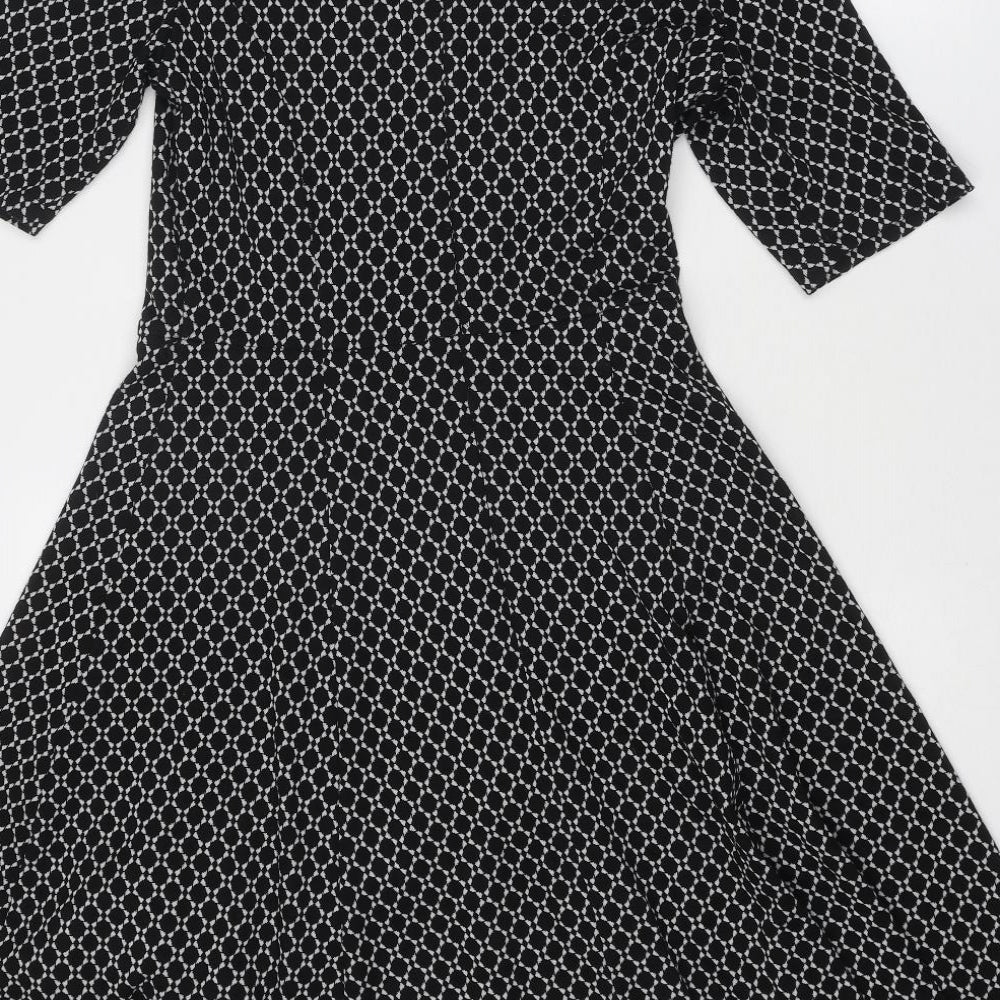 BHS Womens Black Geometric Viscose Fit & Flare Size 10 Round Neck Zip