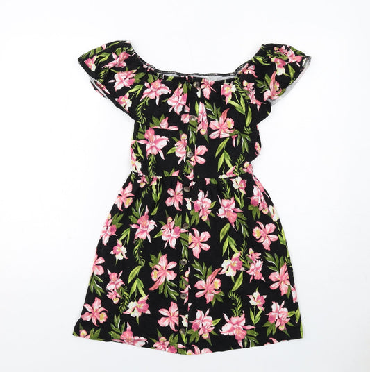 ASOS Womens Black Floral Cotton Fit & Flare Size 8 Off the Shoulder Pullover