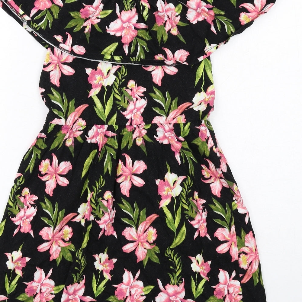 Brand and care label for ASOS women’s black floral cotton fit & flare, size UK 8, off the shoulder pullover