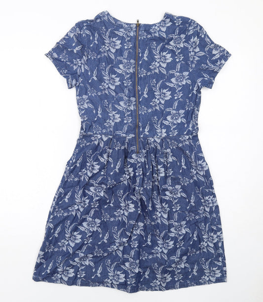 Dorothy Perkins Womens Blue Floral Viscose A-Line Size 8 Round Neck Zip