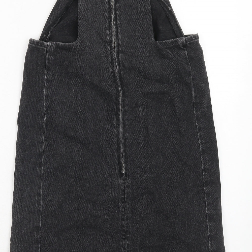 Topshop Womens Black Cotton Pinafore/Dungaree Dress Size 6 Square Neck Zip