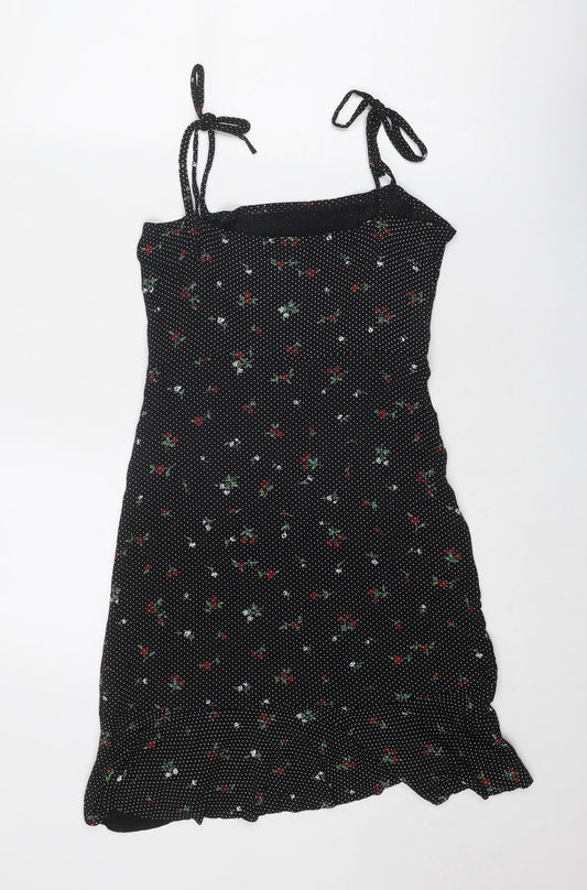 PRETTYLITTLETHING Womens Black Geometric Viscose Tank Dress Size 8 Square Neck Tie