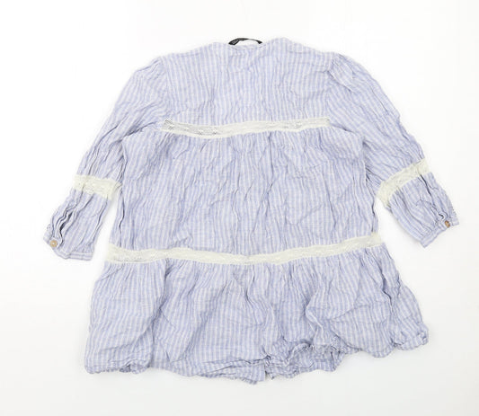Zara Womens Blue Striped Cotton Basic Button-Up Size XS V-Neck