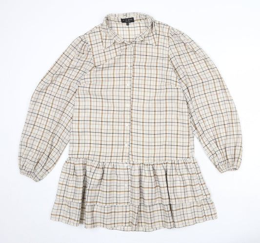 Additional front view of In the Style women’s beige plaid polyester shirt dress, size UK 8, collared button