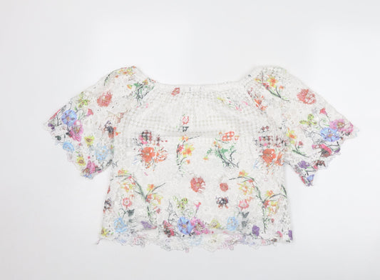 Quiz Womens White Floral Viscose Basic T-Shirt Size 10 Round Neck