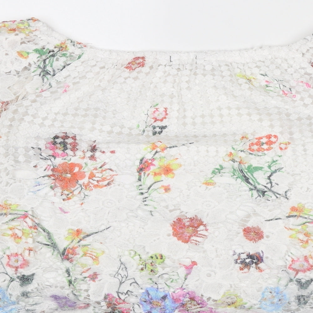 Quiz Womens White Floral Viscose Basic T-Shirt Size 10 Round Neck