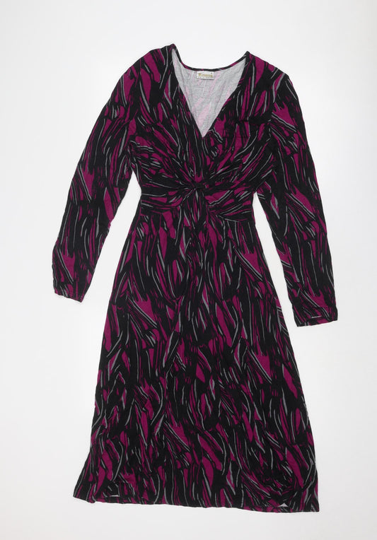 Additional front view of Roman women’s purple geometric viscose a-line, size S, v-neck pullover