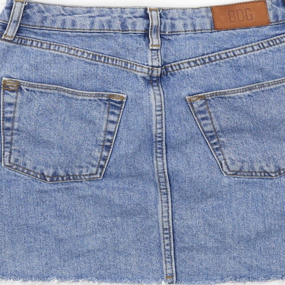Brand and care label for BDG women’s blue cotton a-line skirt, size XS, zip