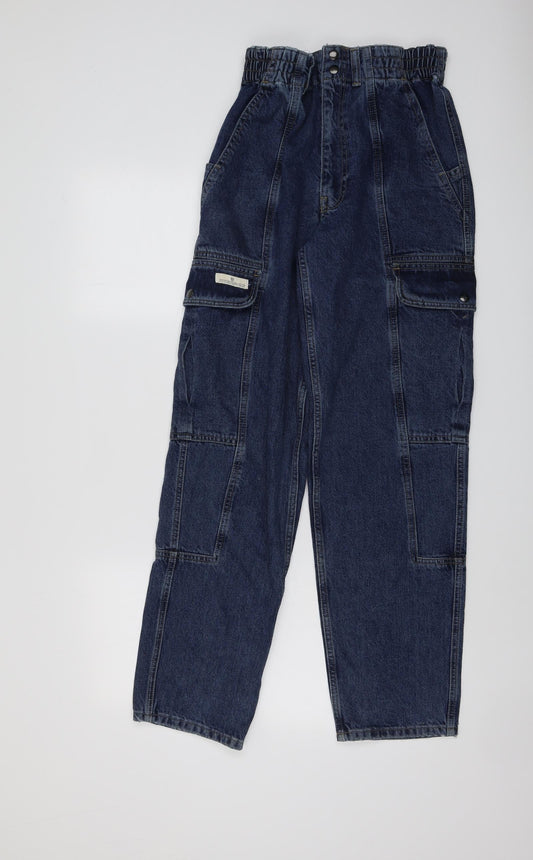 Additional front view of BDG women’s blue cotton mom jeans, size UK 26, in, 34-inch leg regular snap