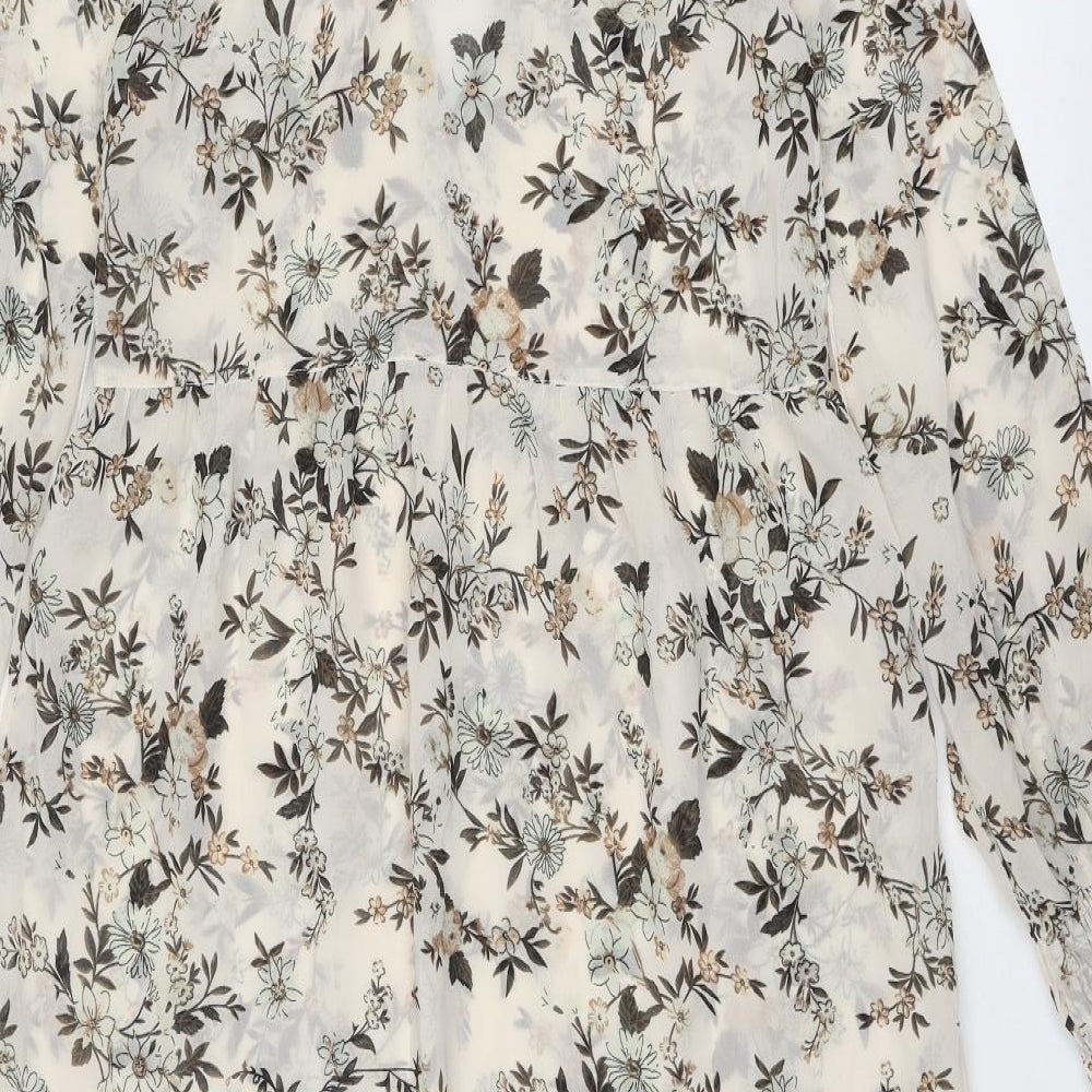Brand and care label for Miss Selfridge women’s beige floral polyester a-line, size UK 4, mock neck tie - tie neck detail