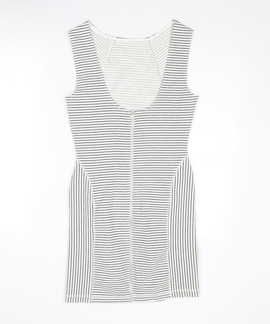 Mango Womens White Striped Cotton Shift Size S Round Neck Zip