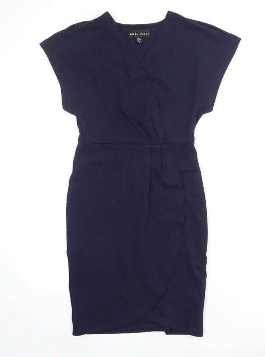 Mela London Womens Blue Polyester Sheath Size 8 V-Neck Pullover - Wrap Front Detail